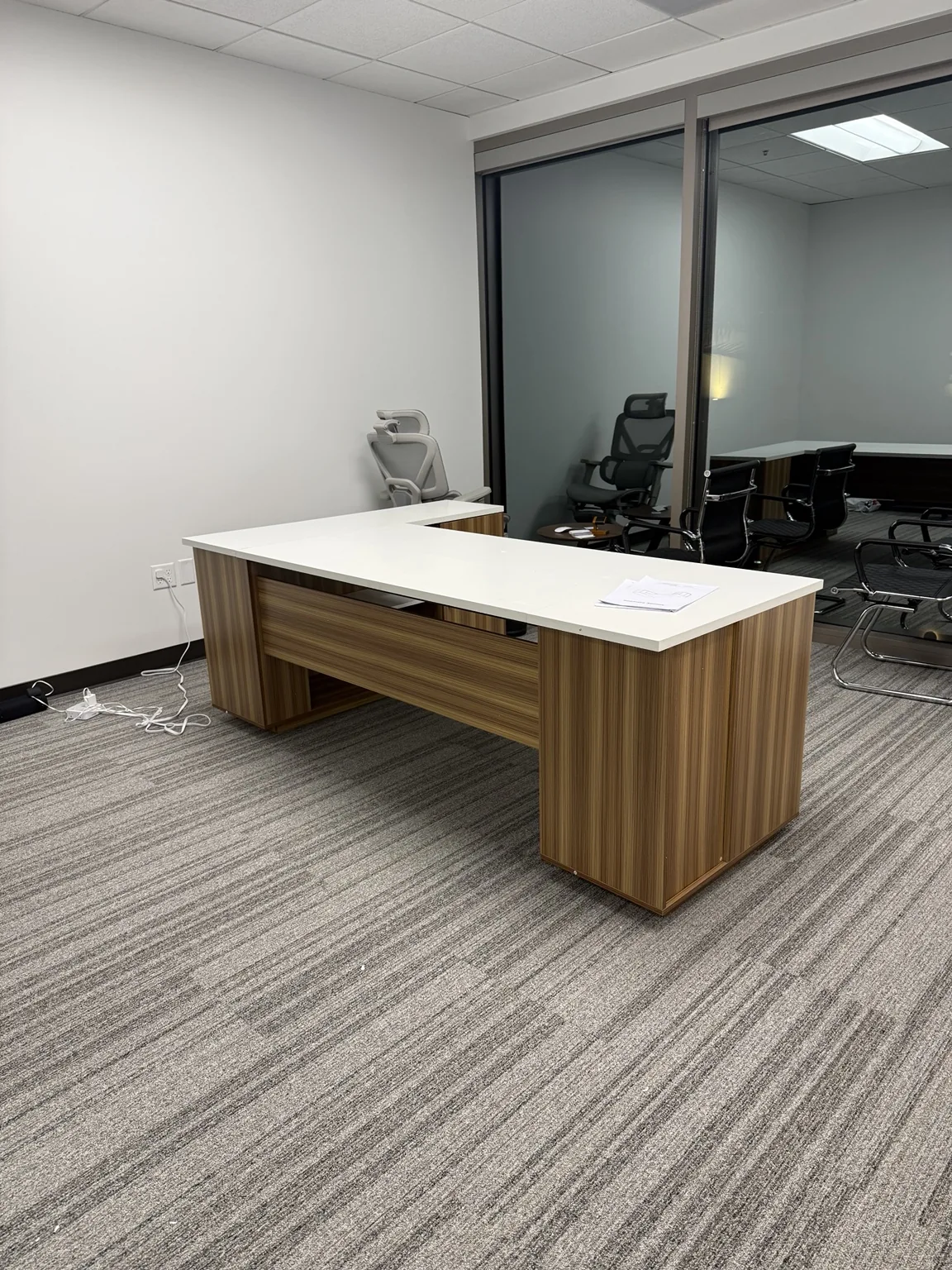 Modern wood finish office desk with white worktop